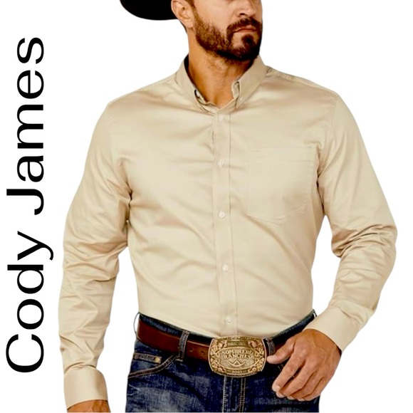 Cody James-Men's Twill Long Sleeve Button-Down Performance Western Shirt Tan XL - Picture 1 of 15